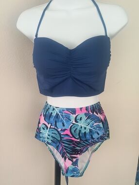 Navy Ruched Bandeau Bikini Top with Tropical High-Waist Bottoms